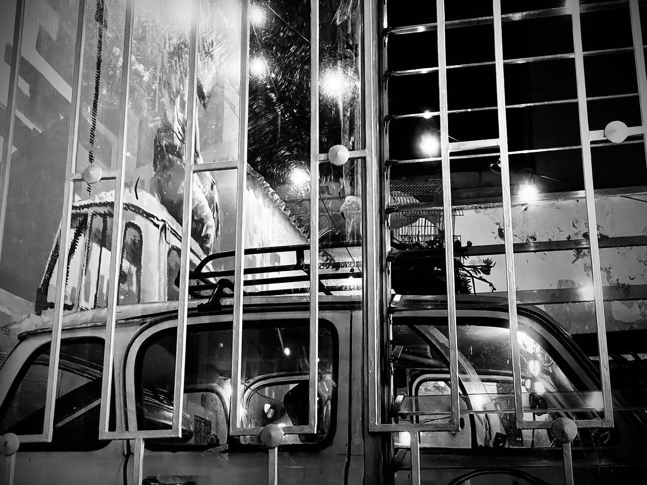 Black-and-white view through a gridded window toward a car and reflections